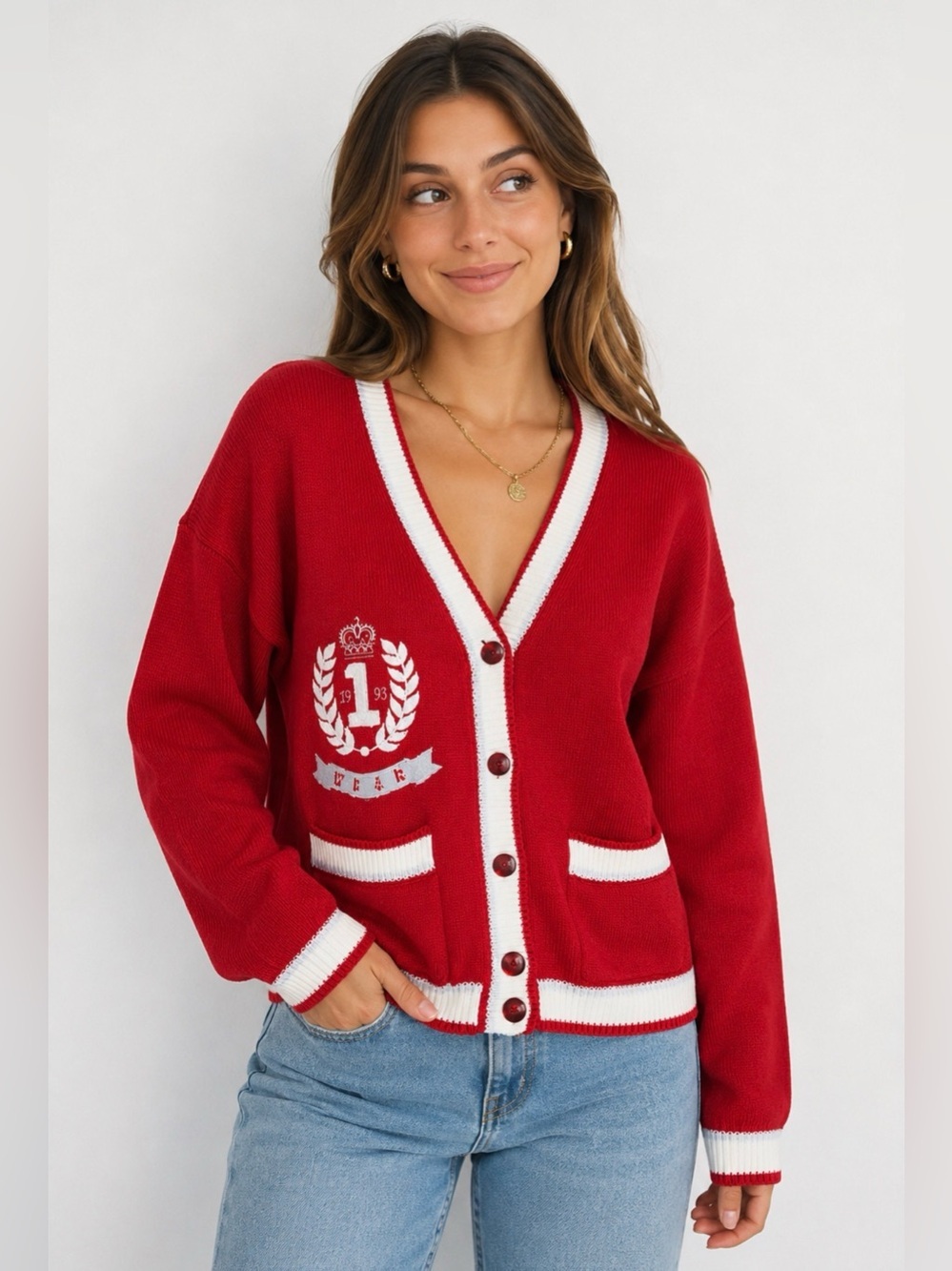 SK Wear Red Crest Cardigan Women’s Medium Varsity Style Jewel Button Sweater